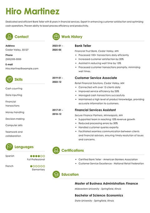 bank teller resume example