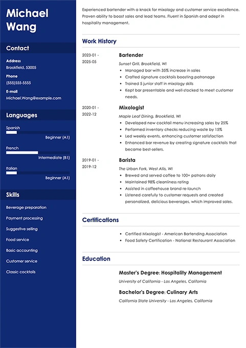 bartender resume example