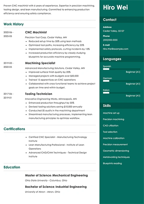 cnc machinist resume example