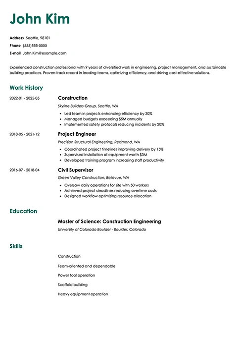 construction resume example
