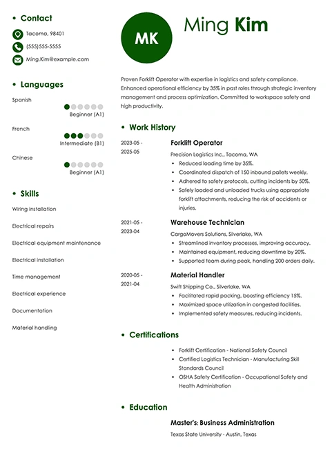 forklift operator analyst example