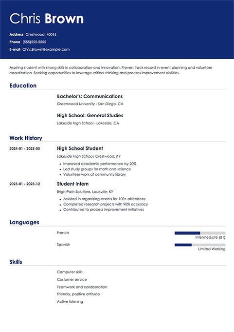 high school student resume example