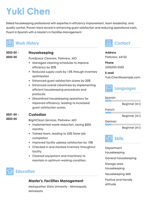 housekeeping resume example