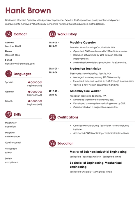 machine operator resume example