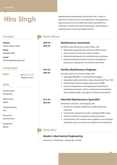 maintenance technician resume example