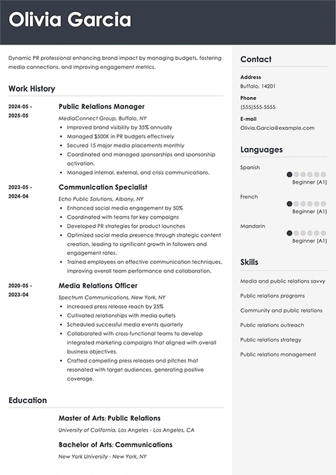 public relations resume example