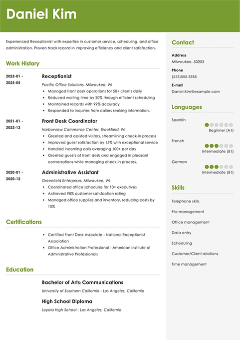 receptionist resume example