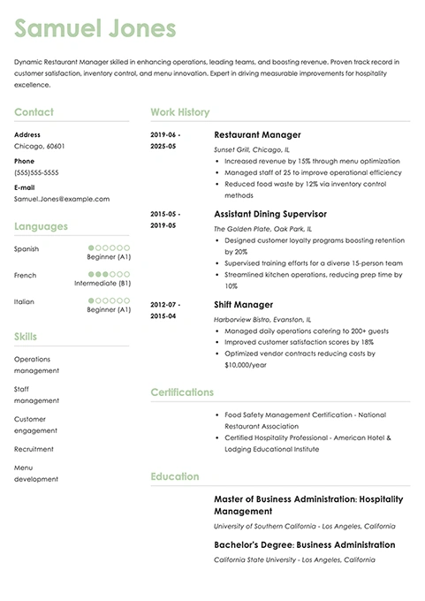 restaurant manager resume example