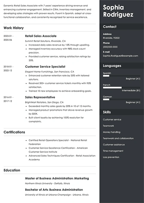 retail sales associate resume example