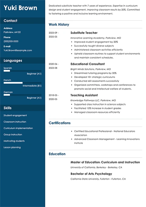 substitute teacher resume example
