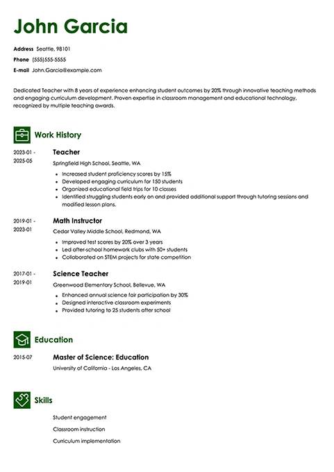 teacher resume example