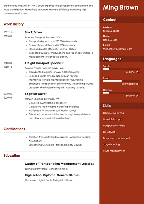 truck driver resume example