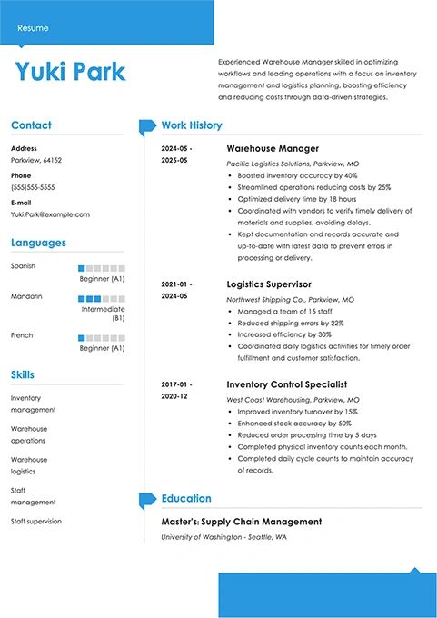 warehouse manager resume example