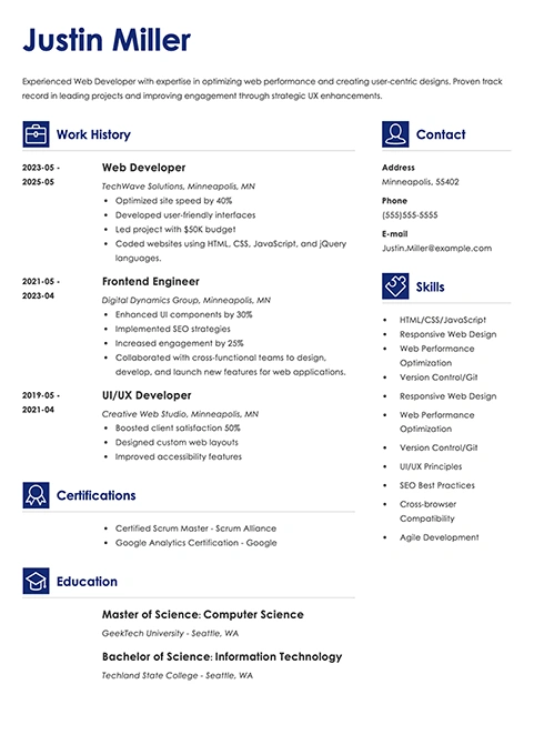 web developer resume example
