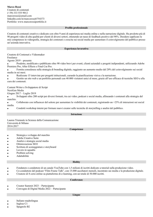 content creator CV