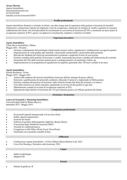 curriculum agente immobiliare