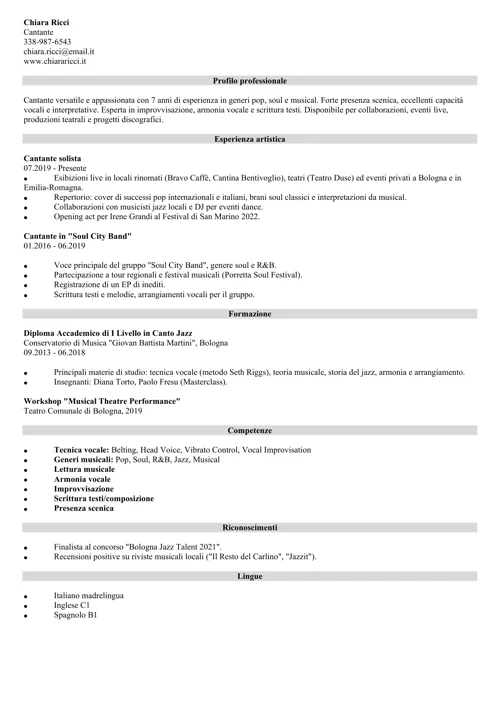 curriculum artistico cantante