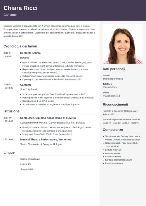 curriculum artistico cantante