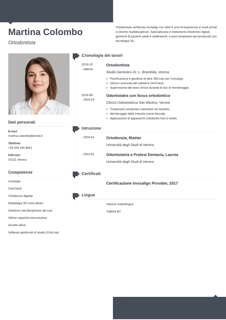 esempio di curriculum vitae ortodontista