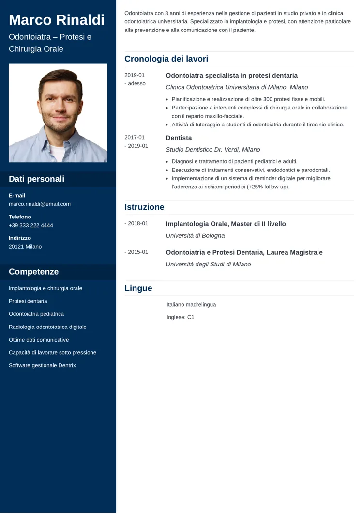 esempio di curriculum vitae da dentista
