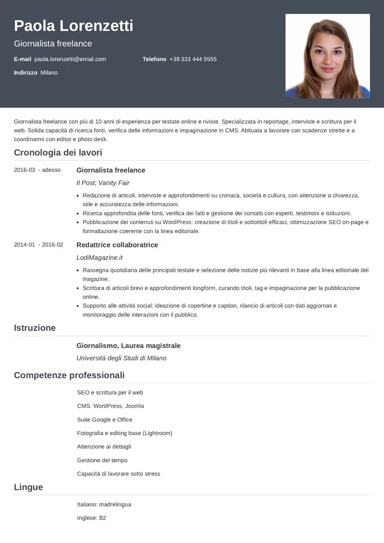 esempio di curriculum giornalista