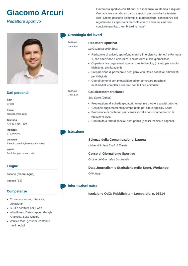 esempio di CV per giornalista sportivo a due colonne