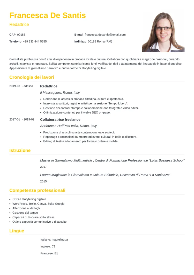 Esempio di CV per giornalista pubblicista con foto