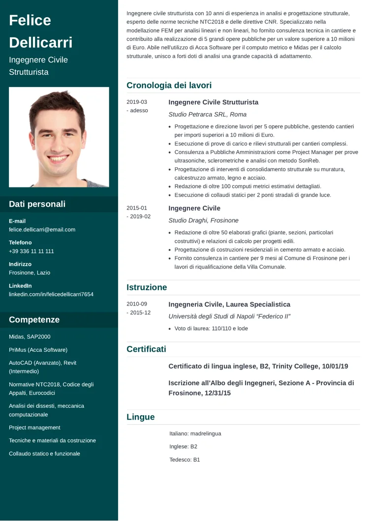 esempio di curriculum da ingegnere civile