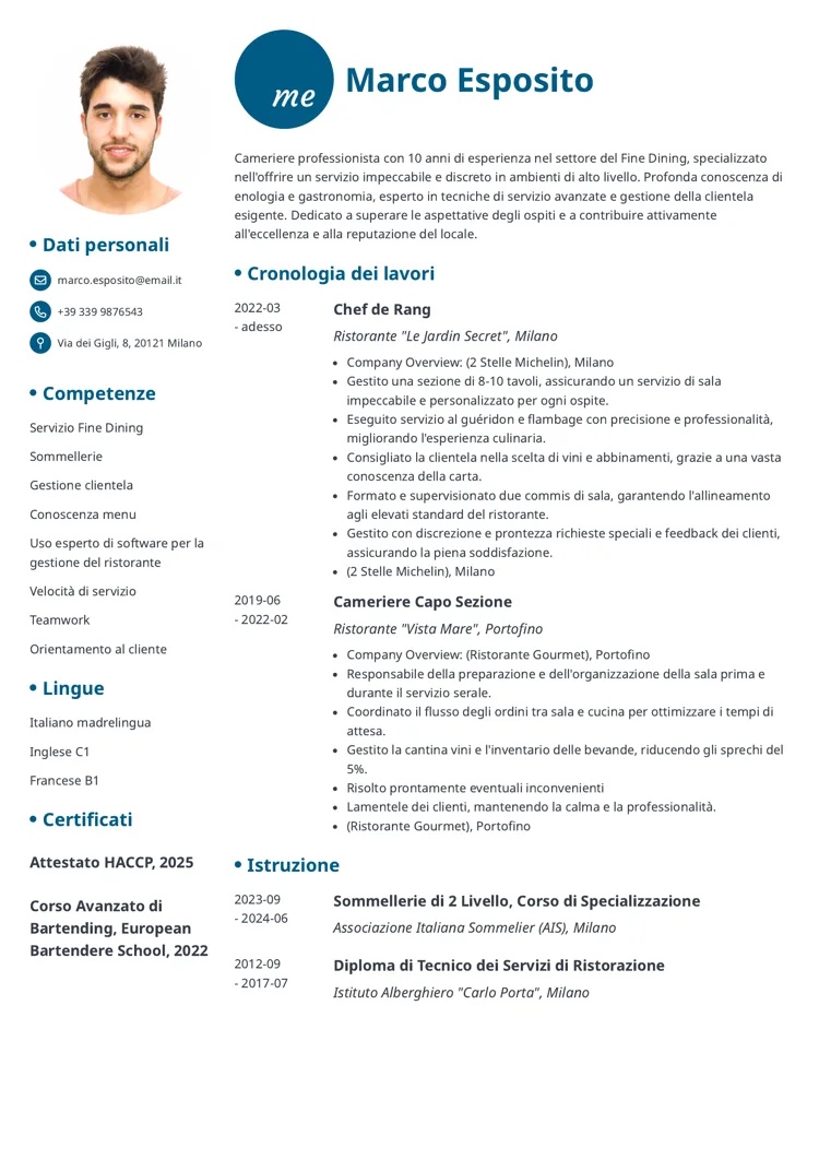 curriculum cameriere ristorante