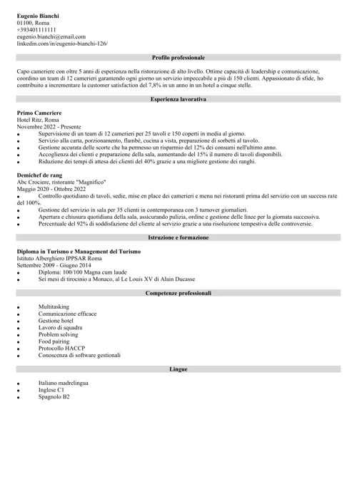 esempio di curriculum da cameriere