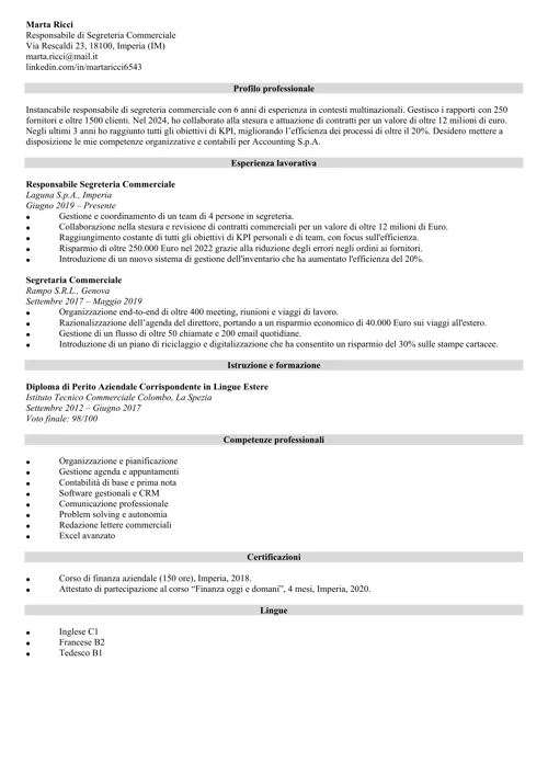 esempio di curriculum da segretaria