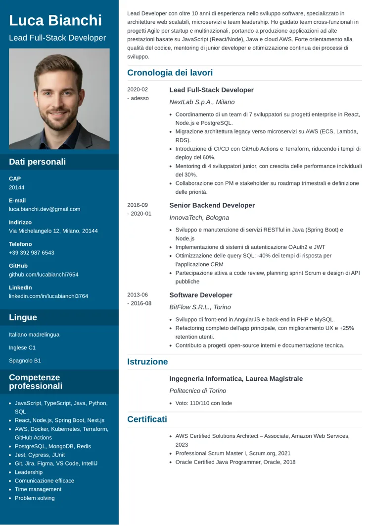 CV lead full-stack developer grigio a due colonne