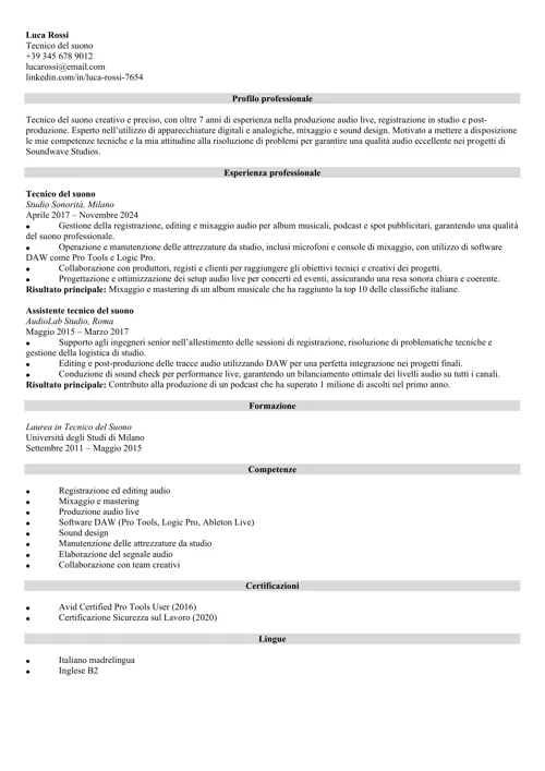 curriculum tecnico del suono
