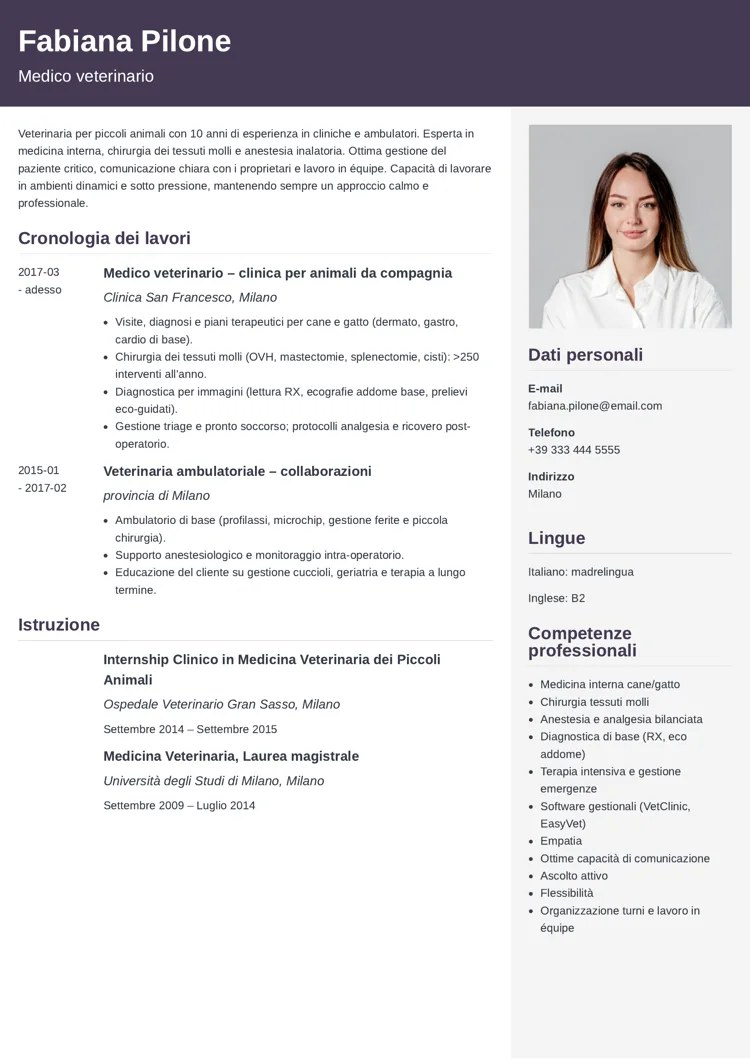 esempio di curriculum da veterinario