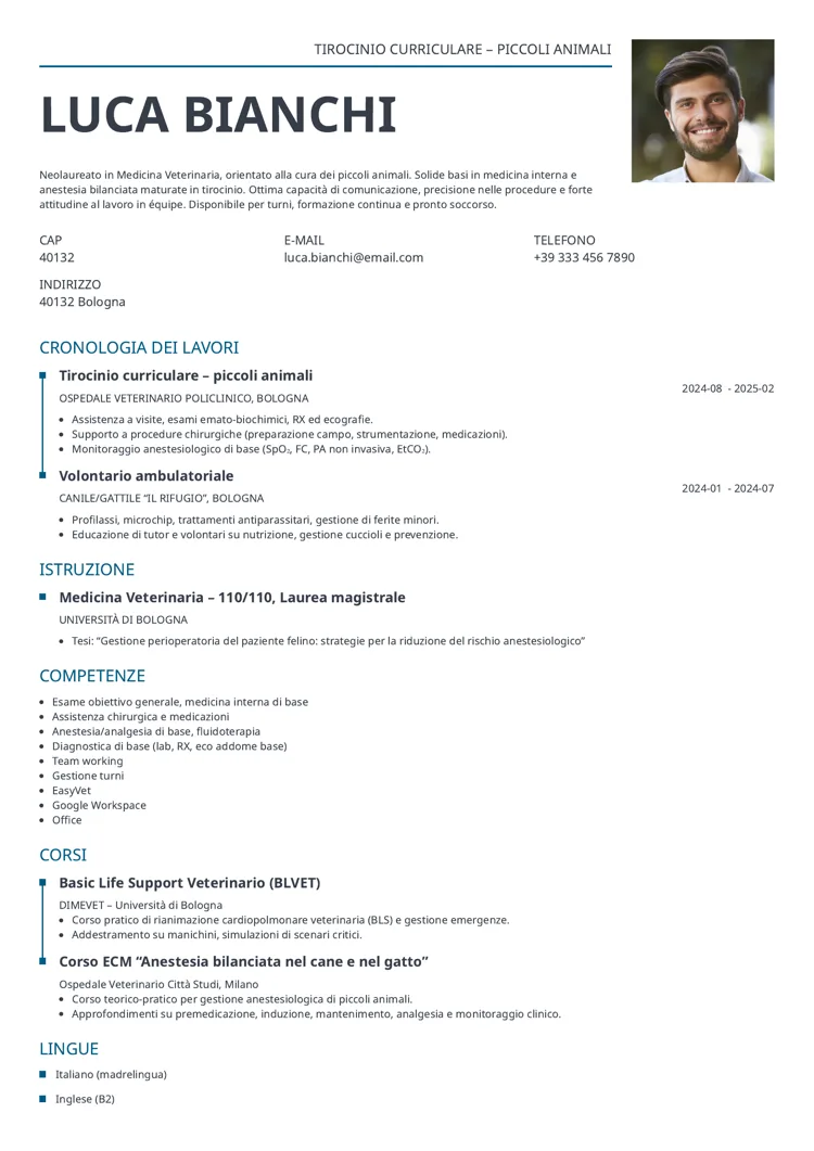 esempio di CV per veterinario senza esperienza