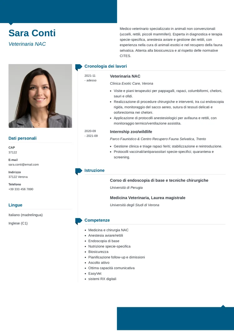 esempio di CV per veterinario per animali esotici