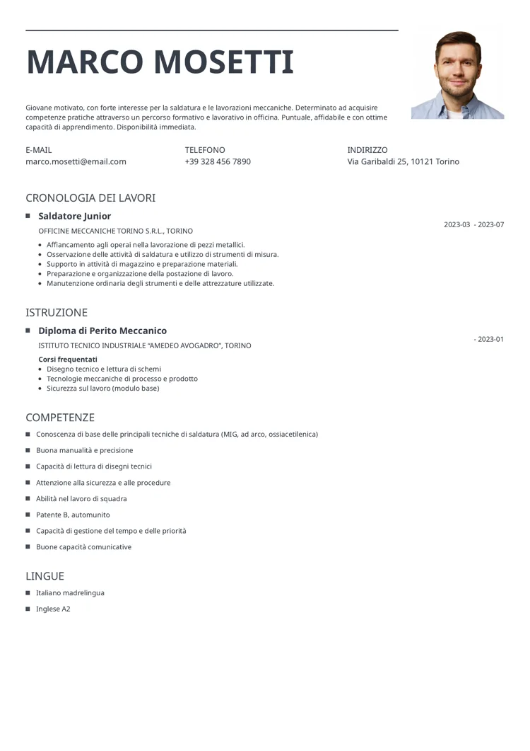 saldatore curriculum senza esperienza