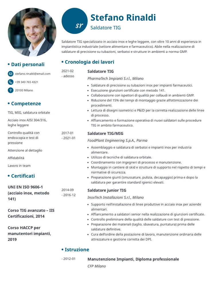 curriculum saldatore specializzato