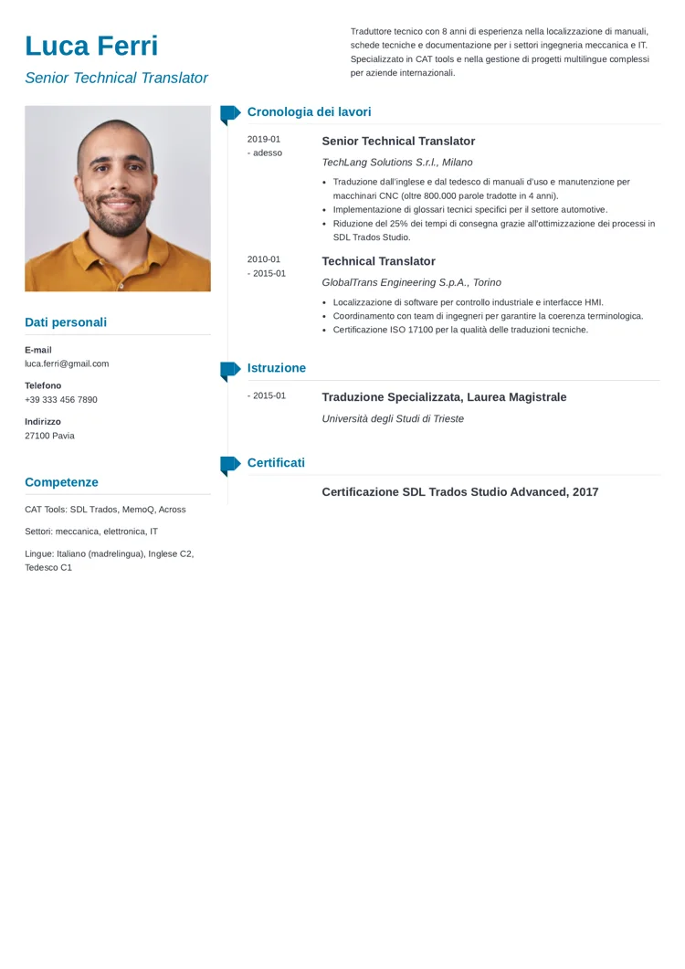 esempio di CV per traduttore tecnico a due colonne
