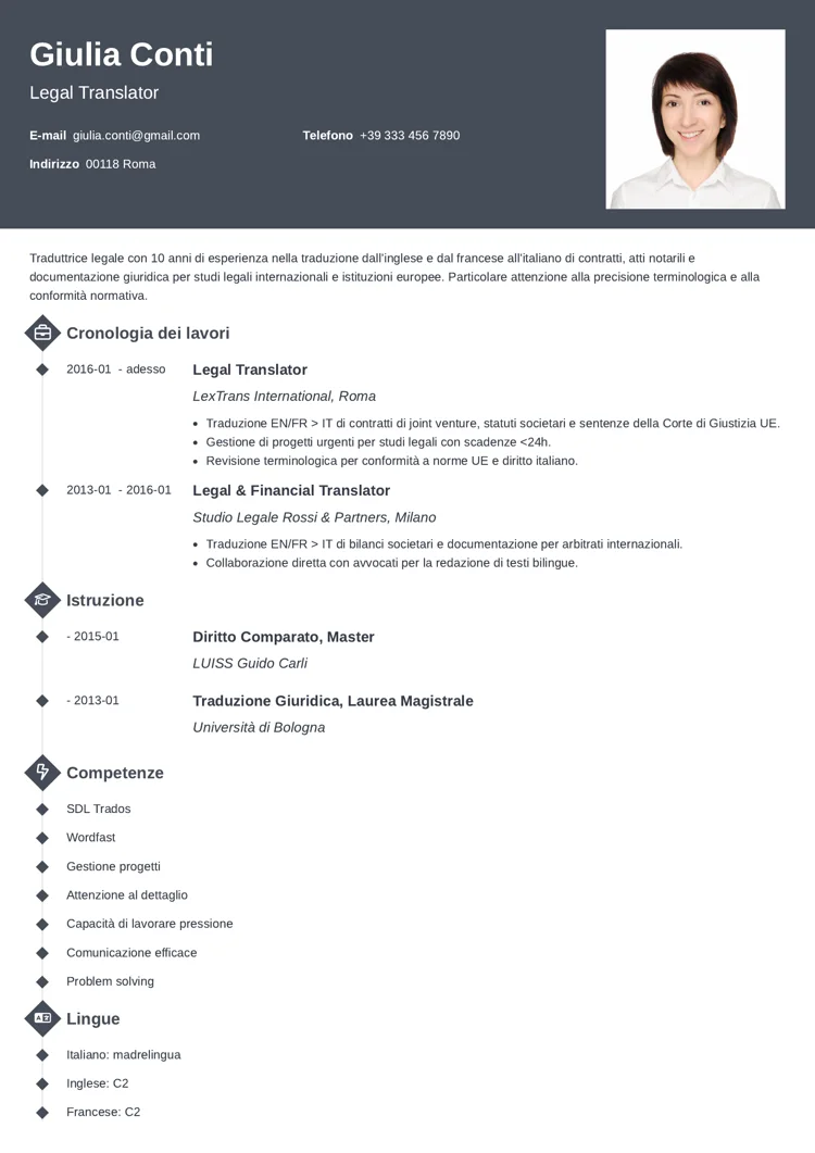 Esempio di CV dinamico per traduttore legale con foto