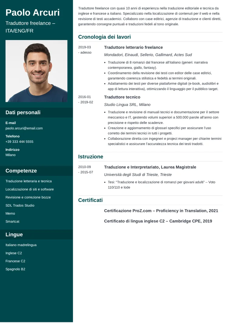 esempio di curriculum vitae da traduttore