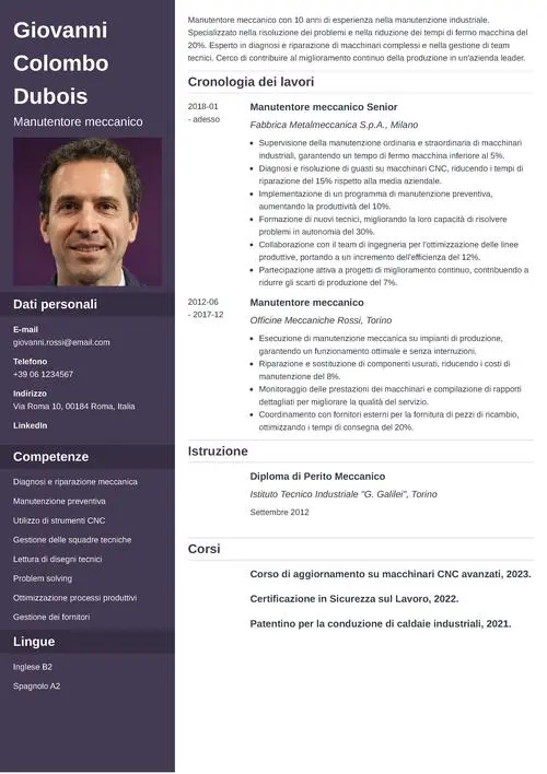 esempio curriculum vitae manutentore meccanico