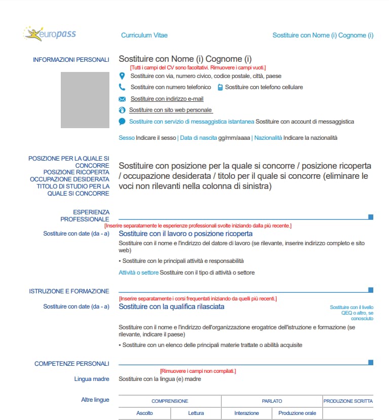 Curriculum vitae Europass in PDF da scaricare