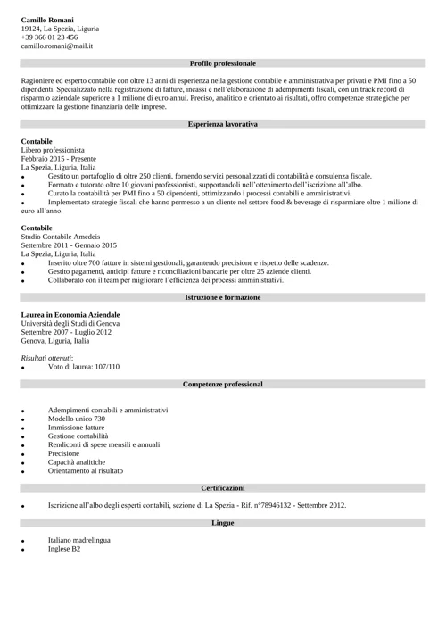 curriculum vitae ragioniere contabile