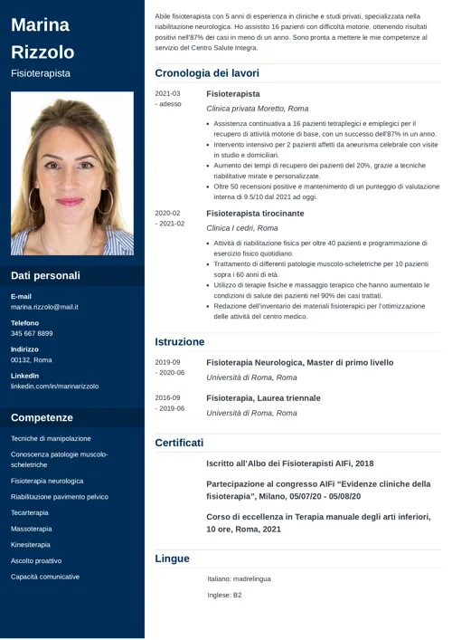 esempio di CV per fisioterapista