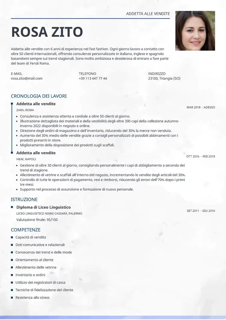 Fac simile curriculum vitae Ceramica