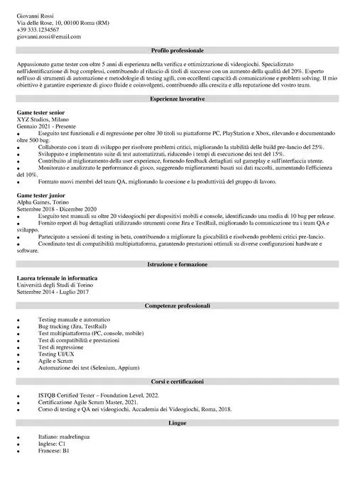 game tester CV